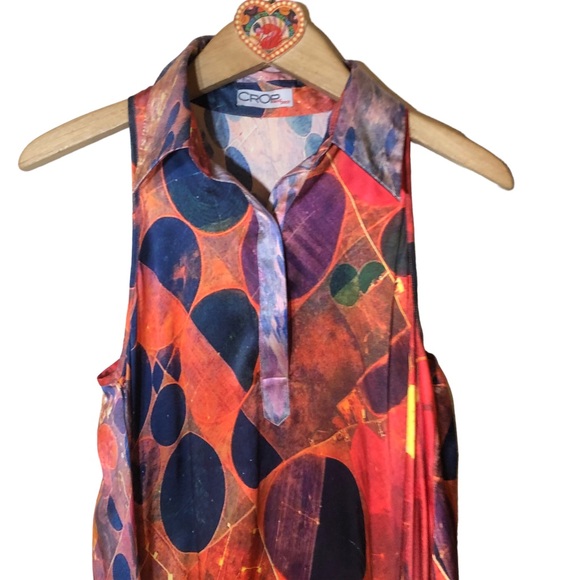 CROP David Peck silk abstract print sleeveless shirt dress with pockets S - Picture 11 of 14